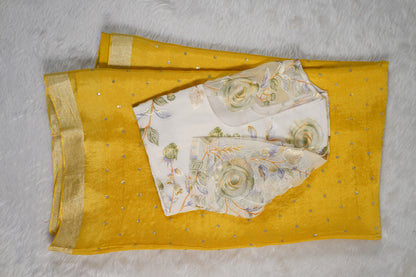Chinnon Silk with mukesh work and floral blouse-Yellow