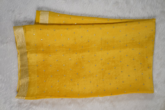 Chinnon Silk with mukesh work and floral blouse-Yellow