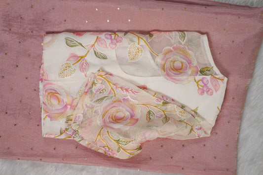 Chinnon Silk with mukesh work and floral blouse-Light Pink