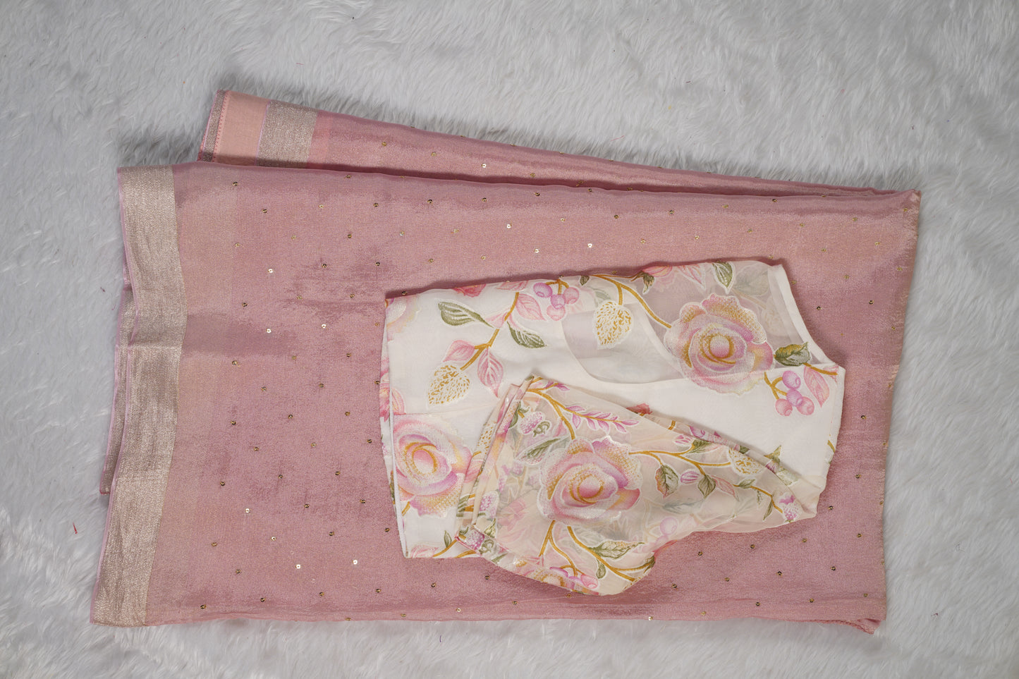 Chinnon Silk with mukesh work and floral blouse-Light Pink