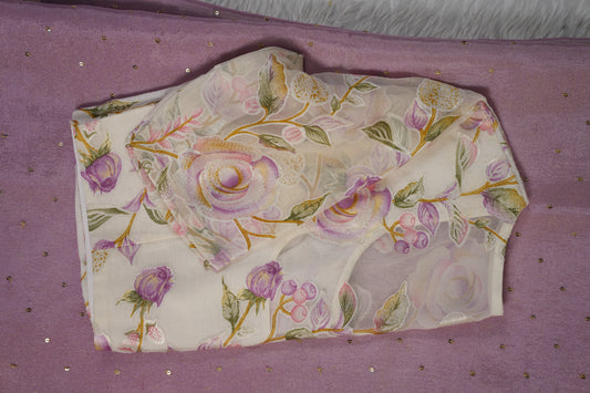 Chinnon Silk with mukesh work and floral blouse-Lilac