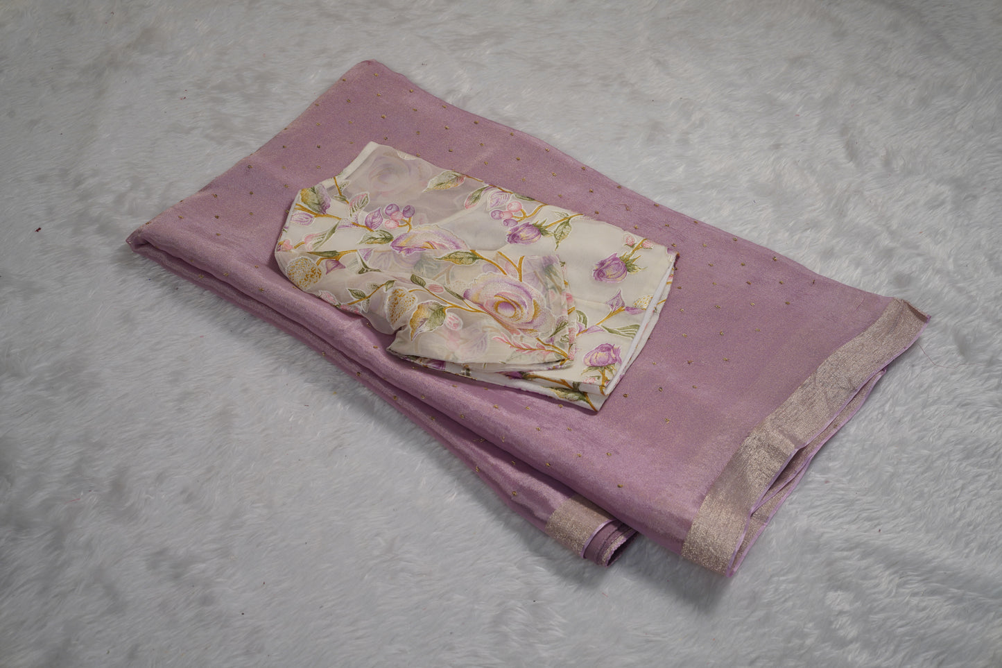Chinnon Silk with mukesh work and floral blouse-Lilac