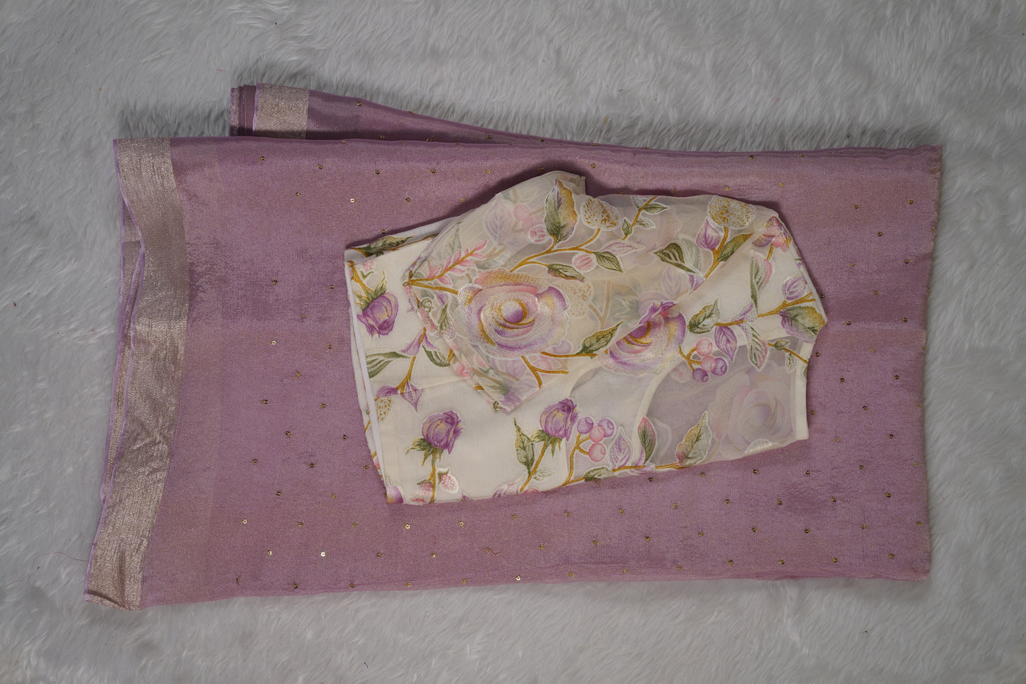 Chinnon Silk with mukesh work and floral blouse-Lilac