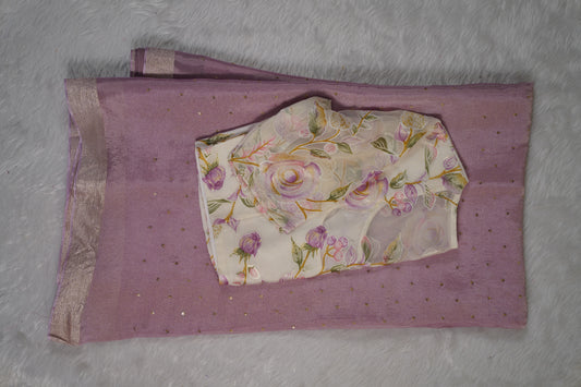 Chinnon Silk with mukesh work and floral blouse-Lilac