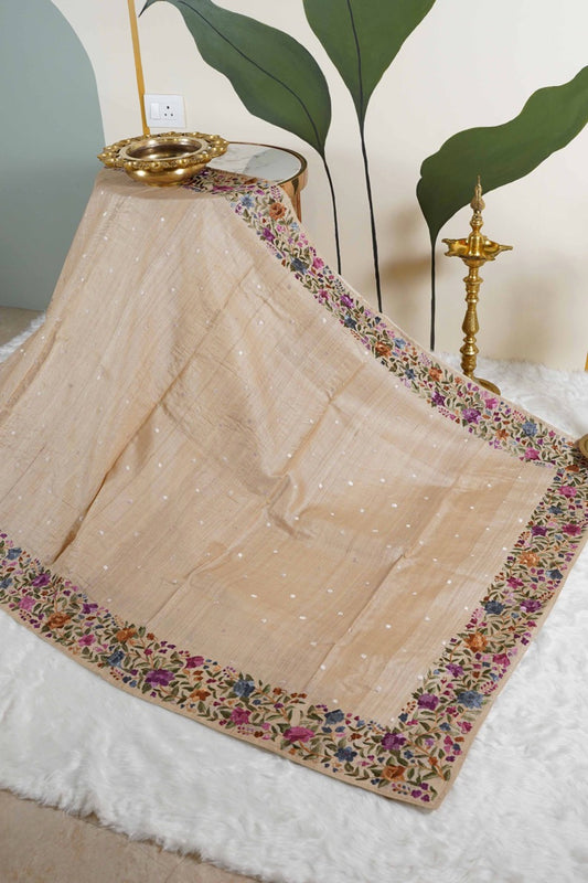 Tussar Beige with parsi ghara work
