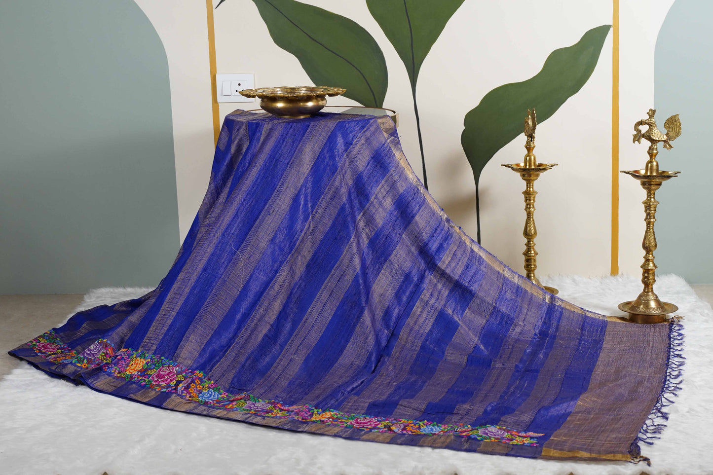 Tussar Royal blue with petite point
