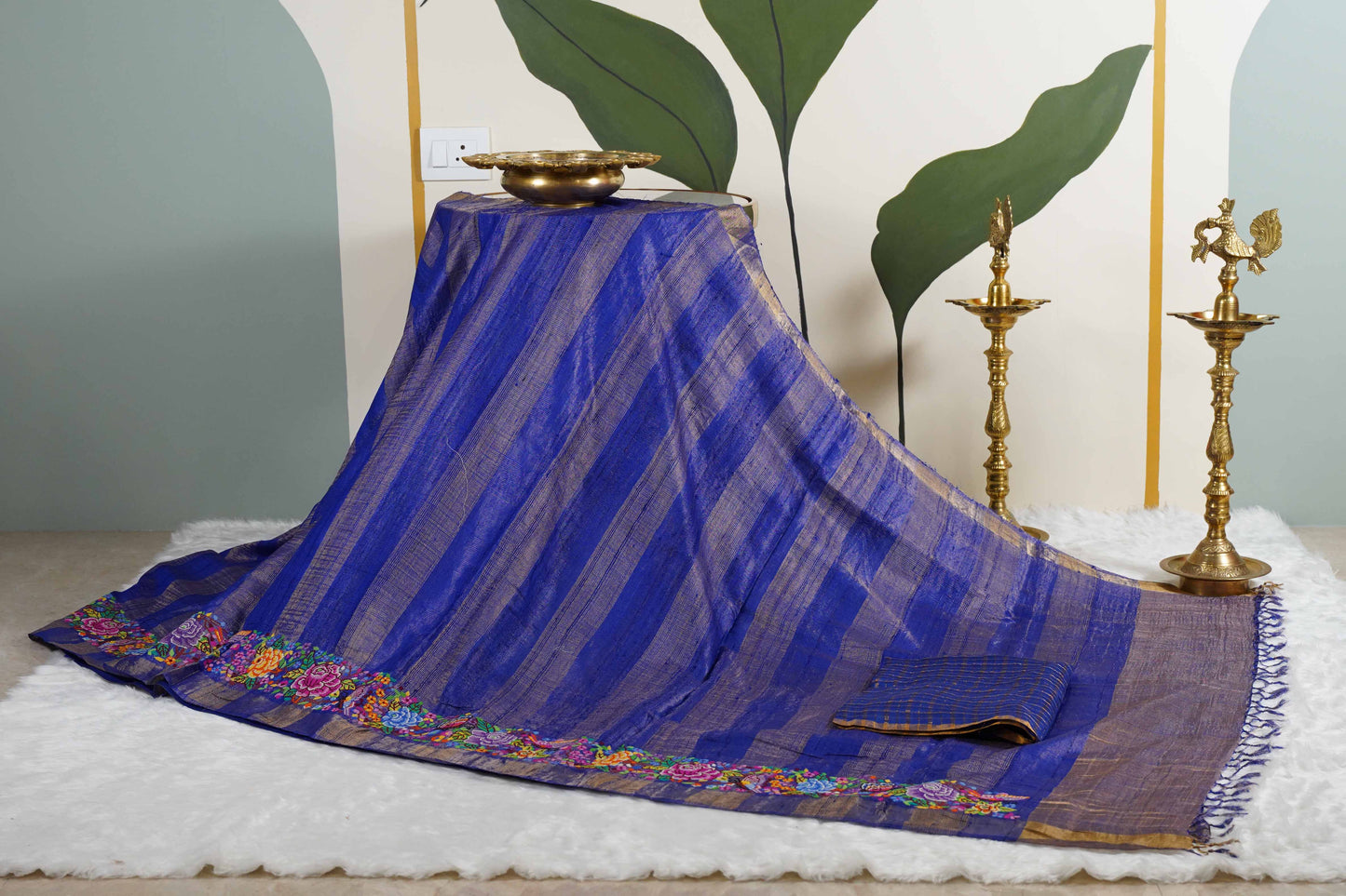 Tussar Royal blue with petite point