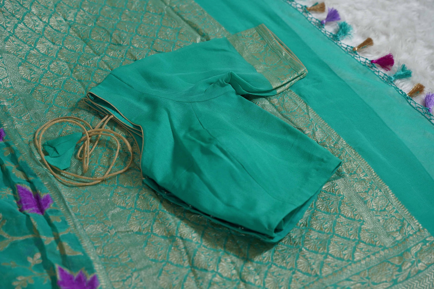 Teal Banaras Velvet motifs