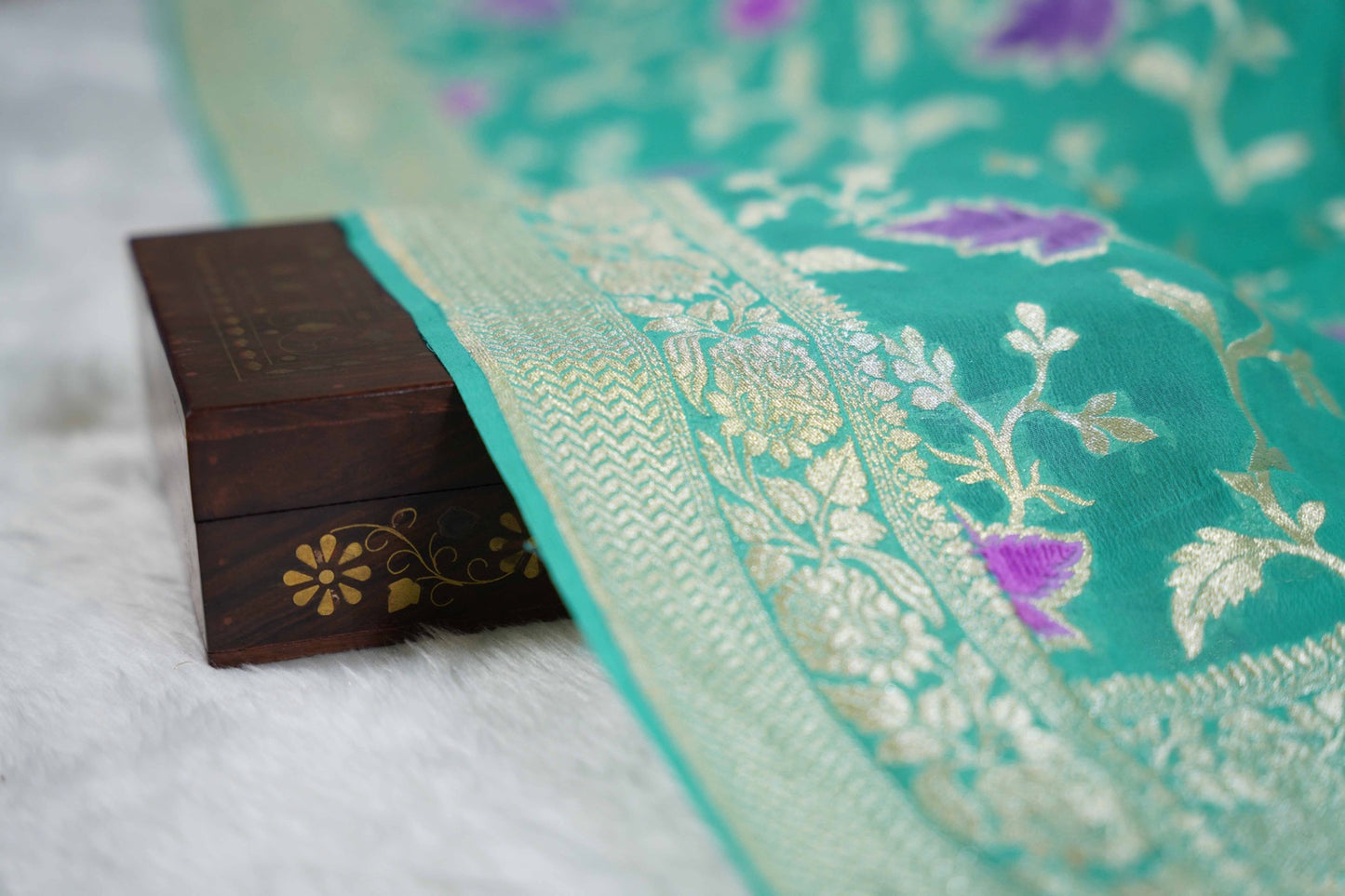 Teal Banaras Velvet motifs