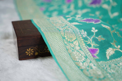 Teal Banaras Velvet motifs