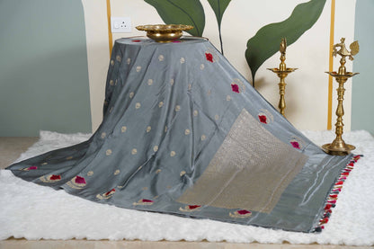 Grey Banaras Mashru with velvet motifs