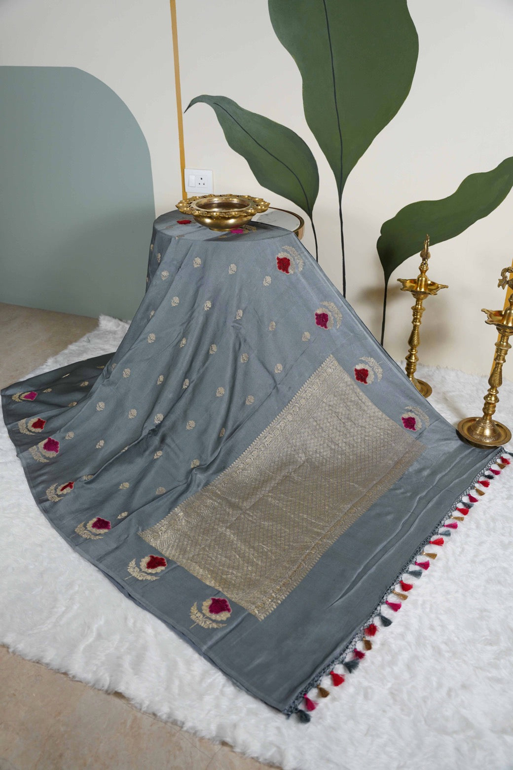 Grey Banaras Mashru with velvet motifs