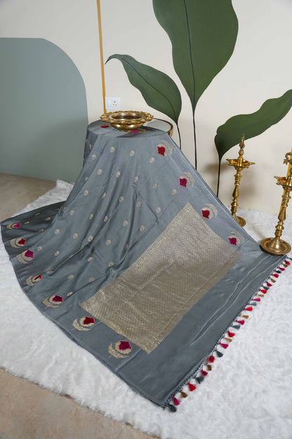 Grey Banaras Mashru with velvet motifs