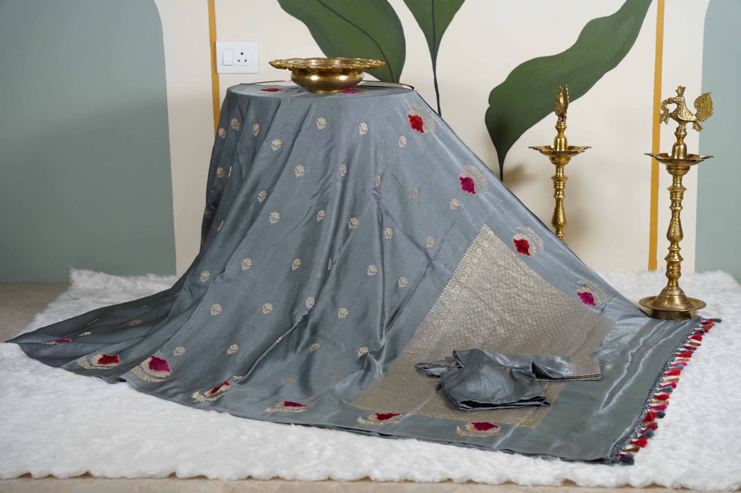 Grey Banaras Mashru with velvet motifs