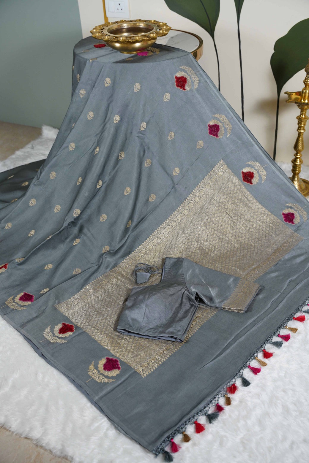 Grey Banaras Mashru with velvet motifs