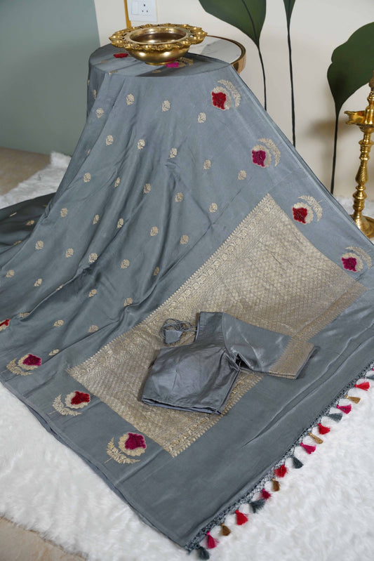Grey Banaras Mashru with velvet motifs