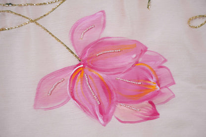 Lotus Painted Shimoye Chinon Peachish Pink Saree
