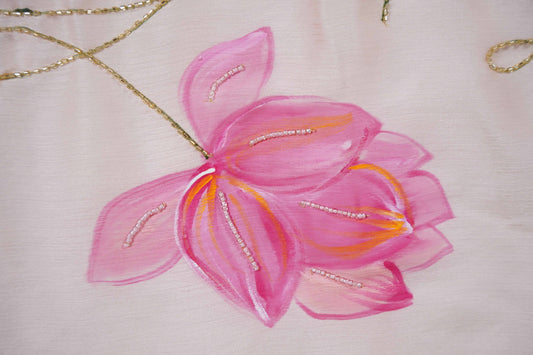 Lotus Painted Shimoye Chinon Peachish Pink Saree