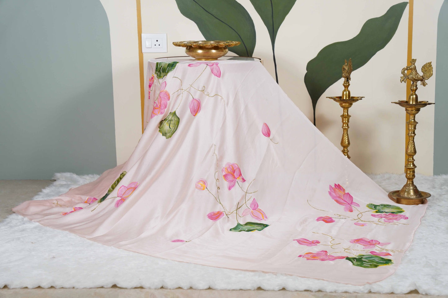 Lotus Painted Shimoye Chinon Peachish Pink Saree