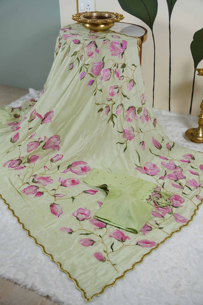 Magnolia Painted Chinon Chiffon Saree in Pastel Green