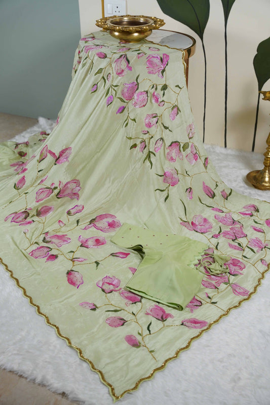 Magnolia Painted Chinon Chiffon Saree in Pastel Green