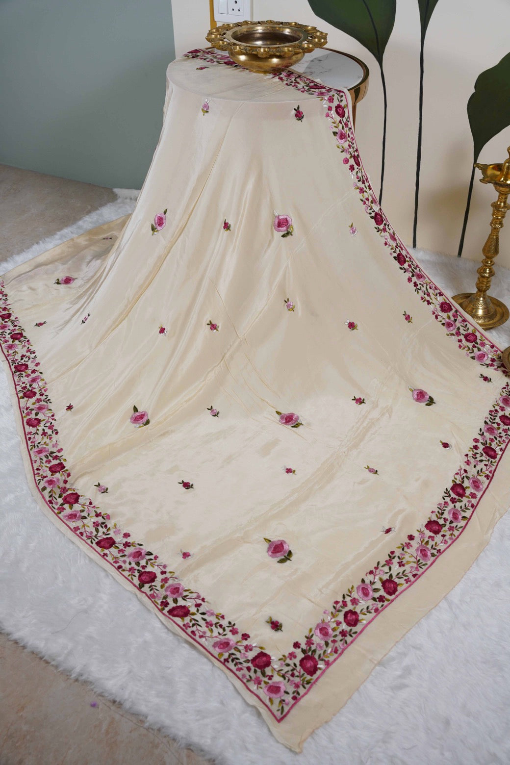 Cream Crepe Saree with Parsi work