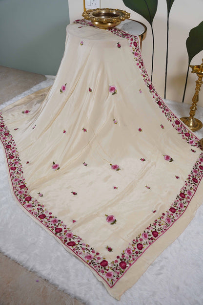 Cream Crepe Saree with Parsi work