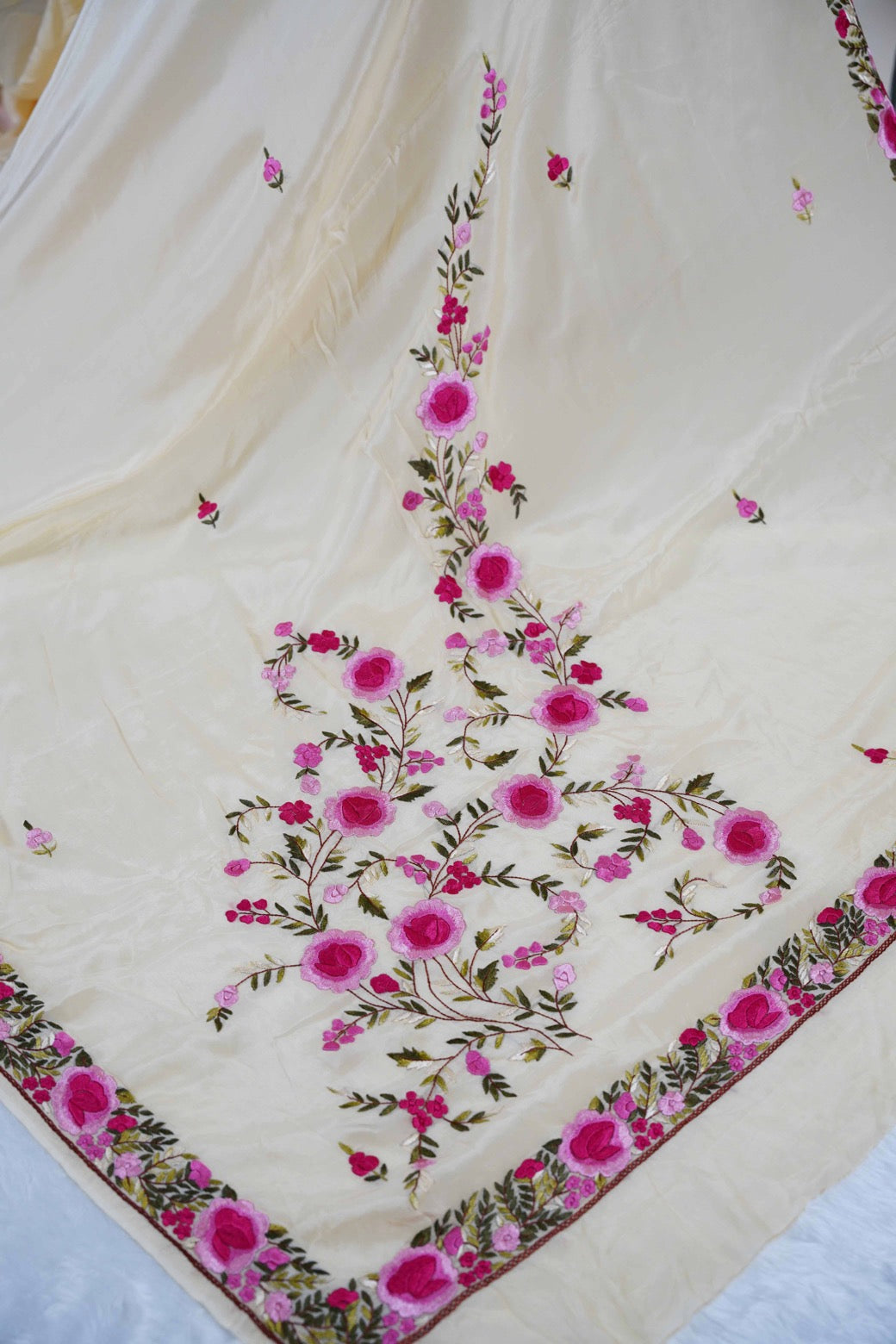 Cream Crepe Saree with Parsi work