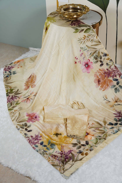 Mulberry Silk Digital print Beige Saree