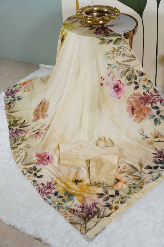 Mulberry Silk Digital print Beige Saree