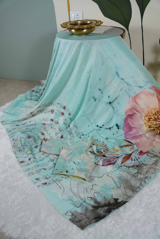 Mulberry Silk Digital print Pastel Blue Saree