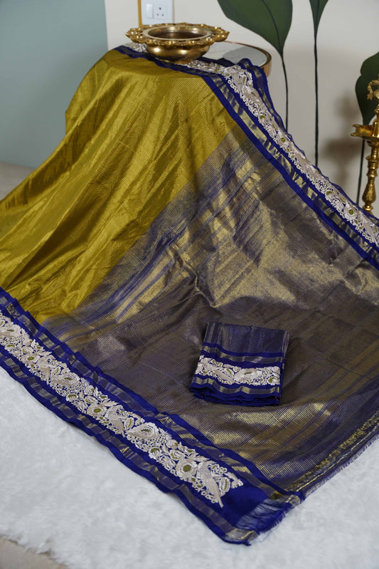 Kanchi Olive green kanchi with blue border and parsi ghara work