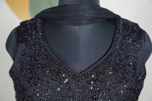 Black Long Dress with Black Beads work