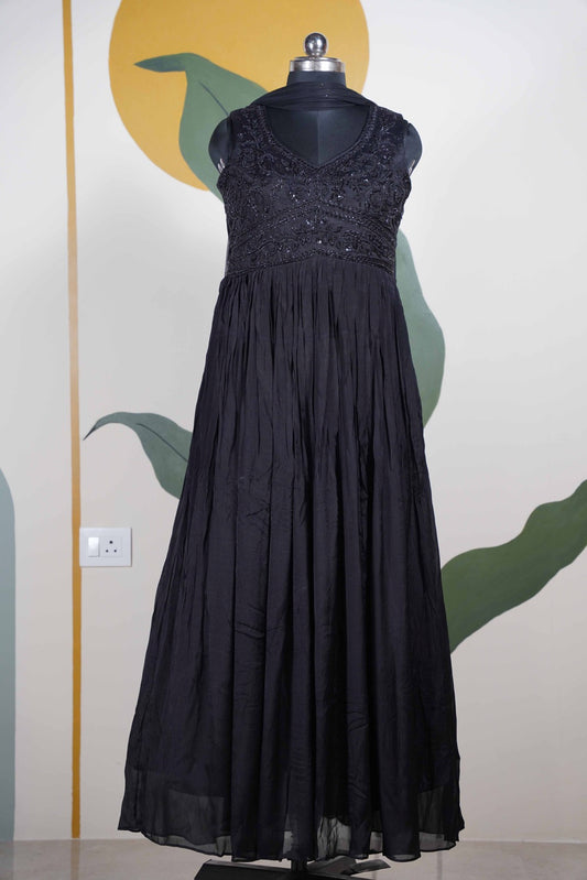 Black Long Dress with Black Beads work