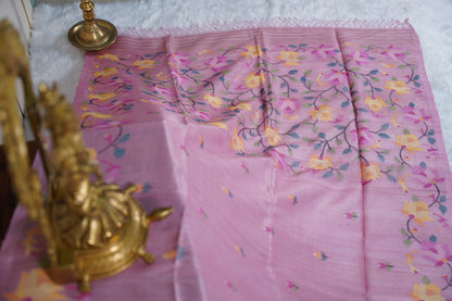 Falling Tussar Jamdani  Saree in Pink