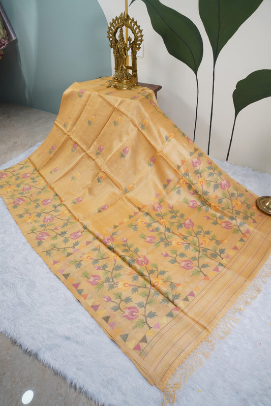 Falling Tussar Jamdani  Saree in Butter Yellow