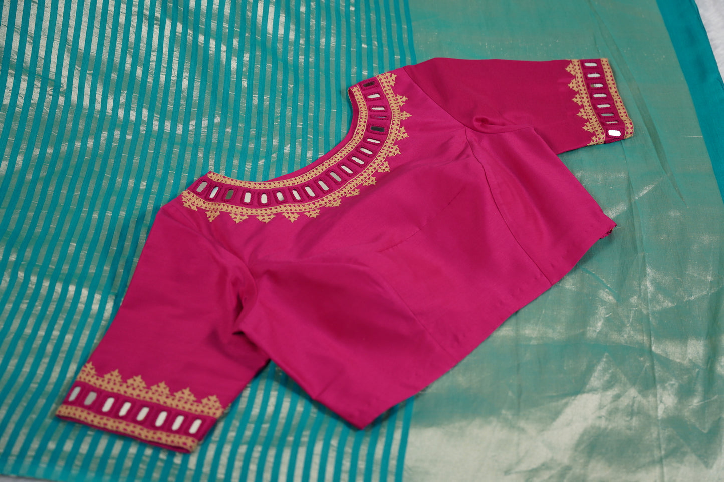 Teal blue Moonga Silk with Lines
