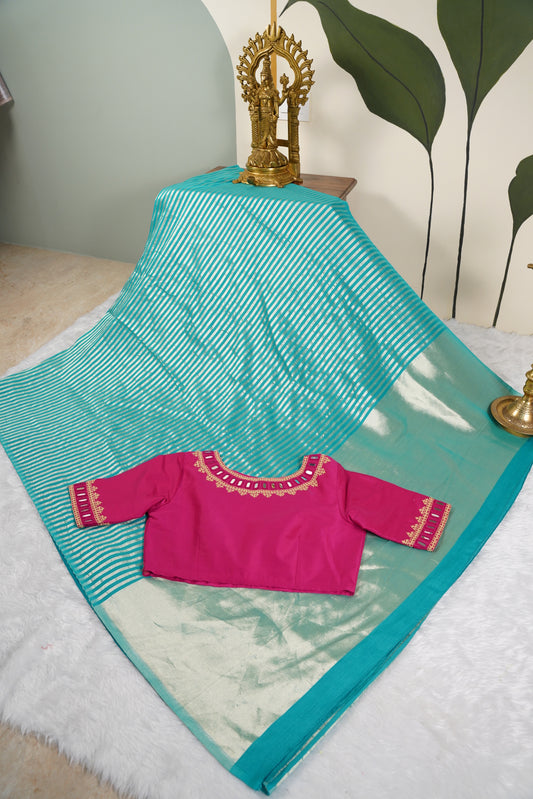 Teal blue Moonga Silk with Lines