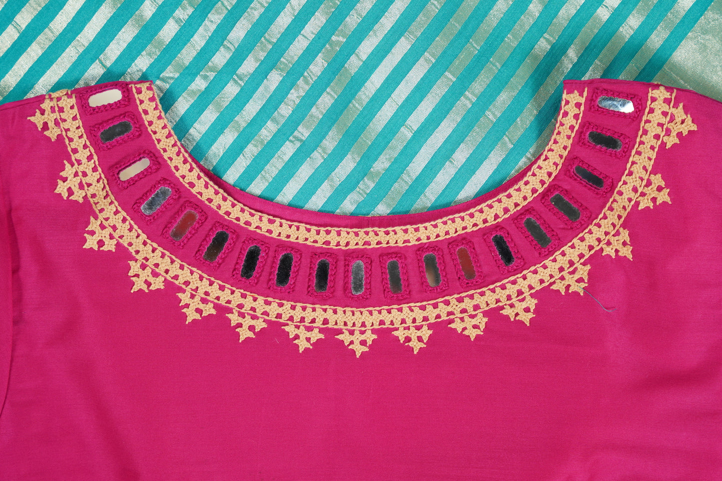 Teal blue Moonga Silk with Lines