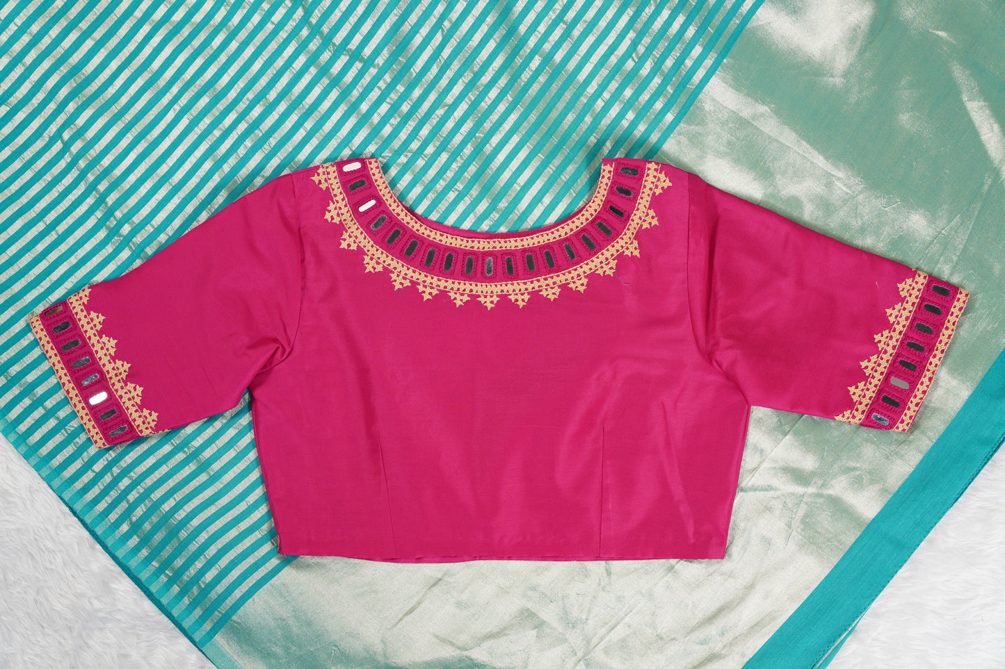 Teal blue Moonga Silk with Lines