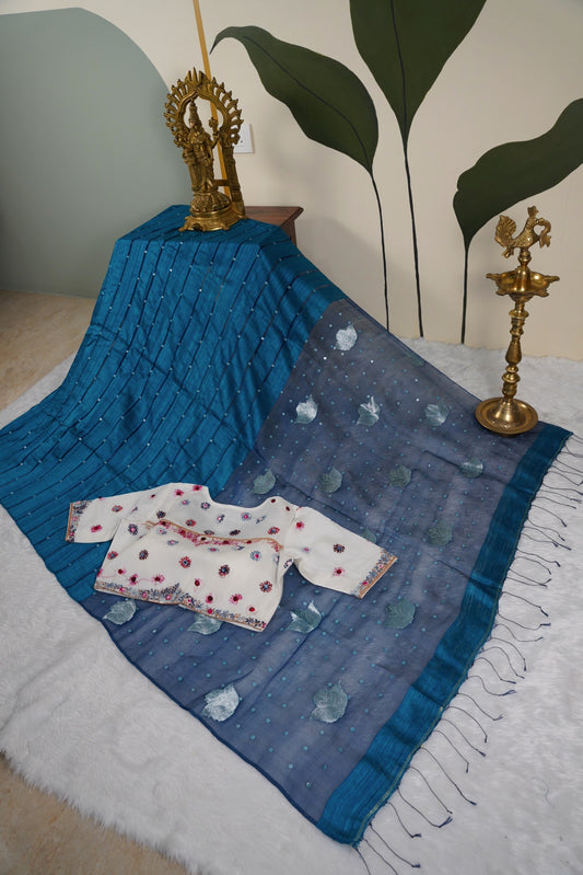 Matka Silk Shell Embroidery Teal Blue Saree