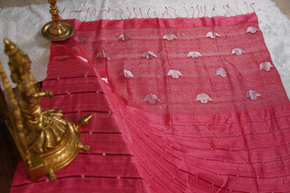 Matka Silk Shell Embroidery Salmon Pink Saree