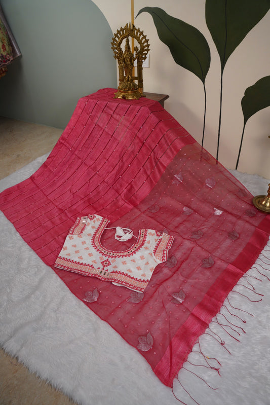 Matka Silk Shell Embroidery Salmon Pink Saree