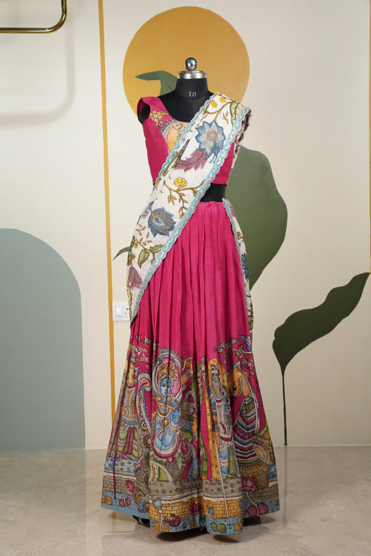 Pink Kalamkari Lehenga with Beige Duppatta