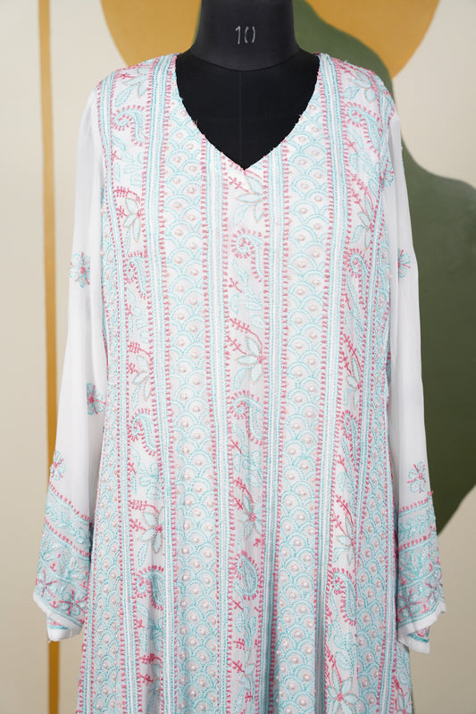 Pink and Teal Blue Chikankari Dress-A Pure Georgette