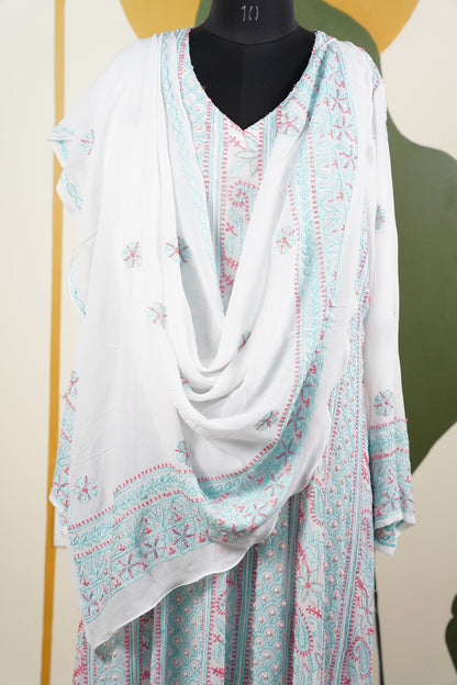 Pink and Teal Blue Chikankari Dress-A Pure Georgette