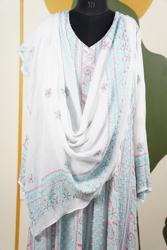 Pink and Teal Blue Chikankari Dress-A Pure Georgette
