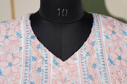Peach and blue Chikankari Dress-A Pure Georgette