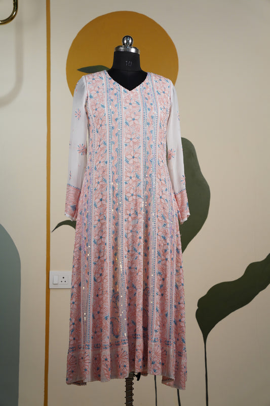 Peach and blue Chikankari Dress-A Pure Georgette