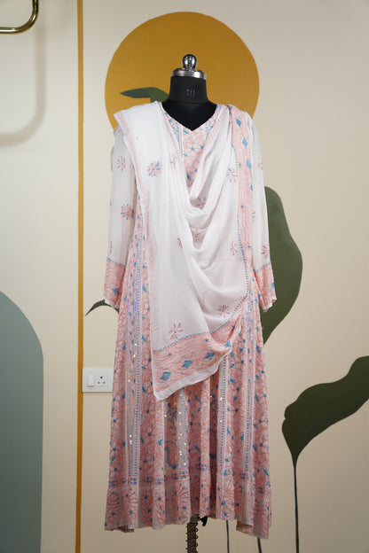 Peach and blue Chikankari Dress-A Pure Georgette
